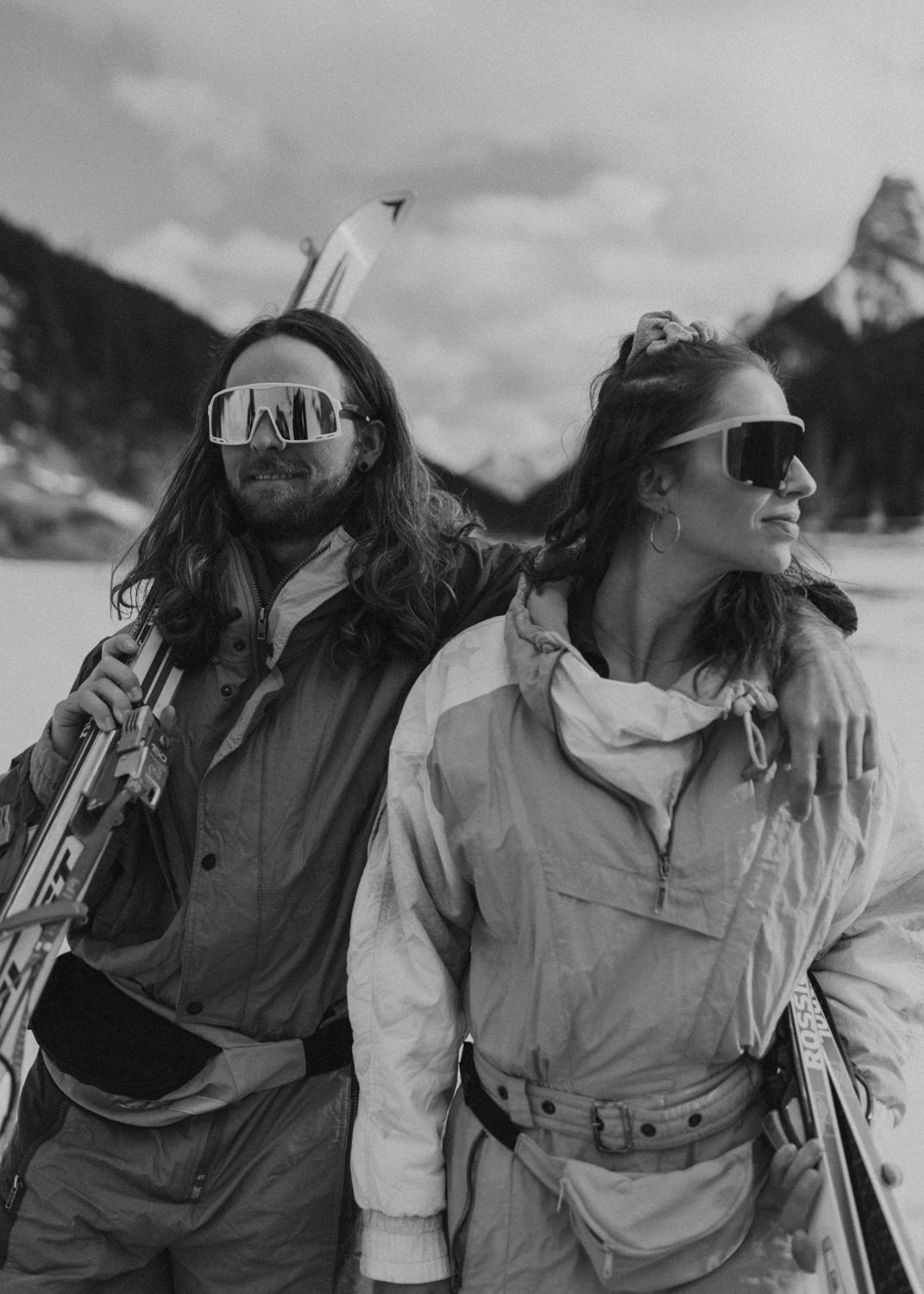black and white photo of retro ski styled couples shoot